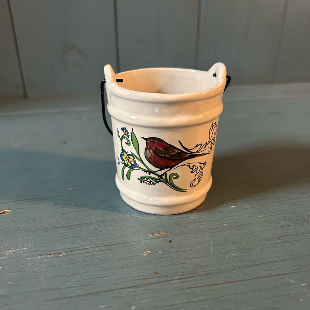 Mini Ceramic Bucket with Metal Handle Candle Holder Red Bird Flowers